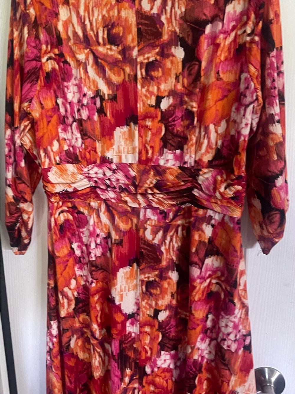 Source Unknown Long Sleeve Floral Midi Dress in Pink, Orange & Red